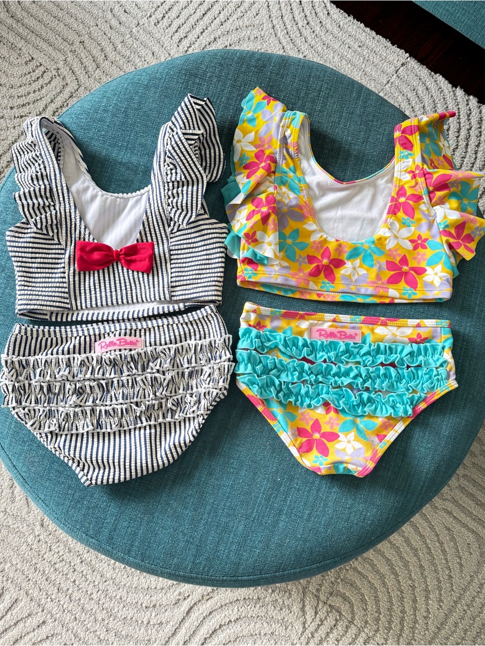 Ruffle Butts Navy Stripe & Floral Trim Girls' Swim Set